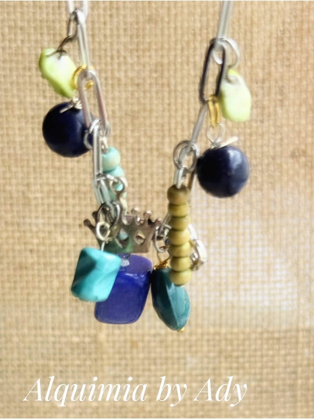 Mixed Gemstone Charm Necklace - lapis Turquoise, Navy & Lime